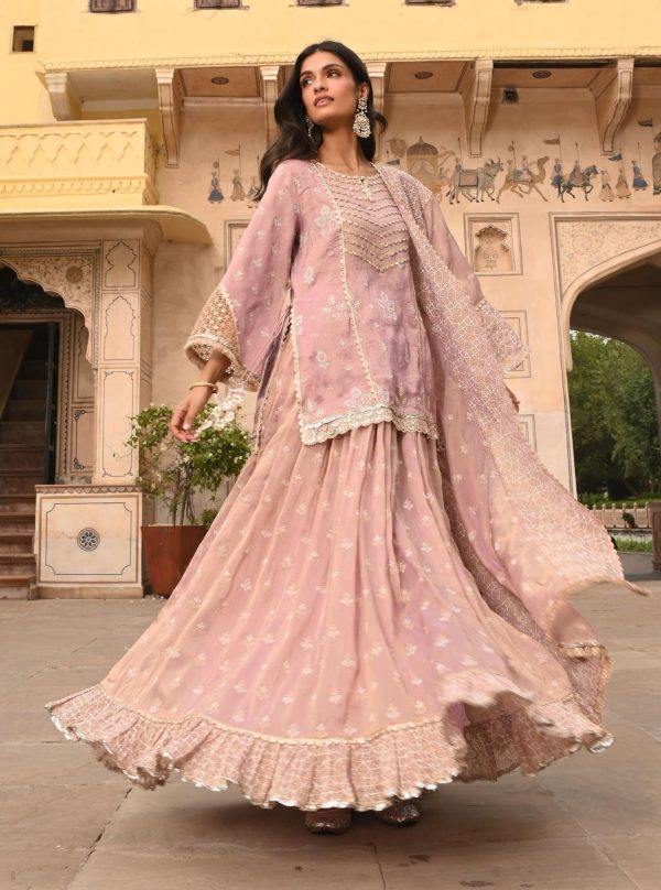 Mulmul Luxe Tissue Satin Lamhe Lilac Kurta with Mulmul Luxe Tissue Lamhe Lilac Skirt Sale