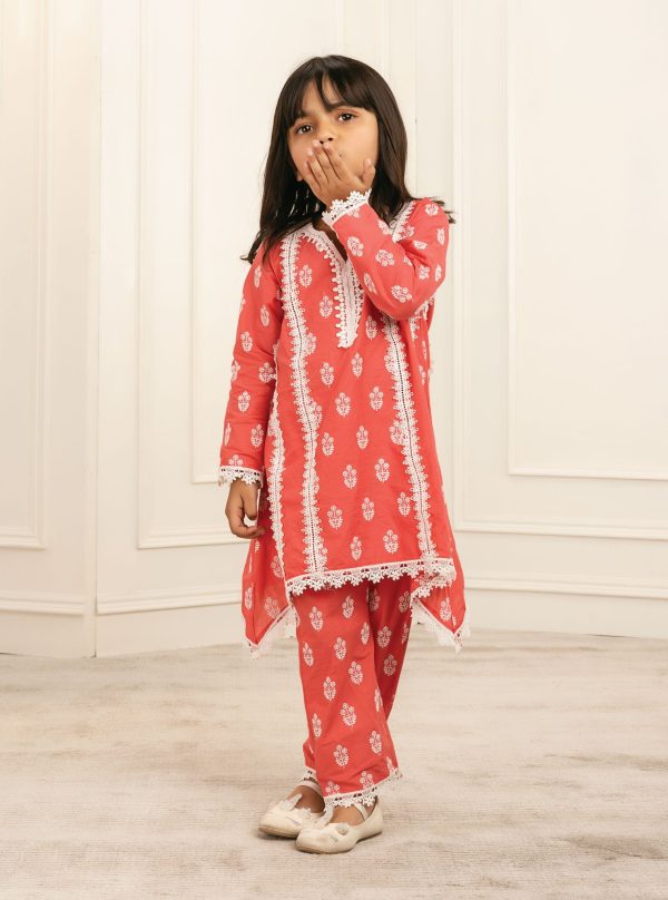 Mulmul Cotton Amaris Red Kurta With Amaris Red Pant on Sale