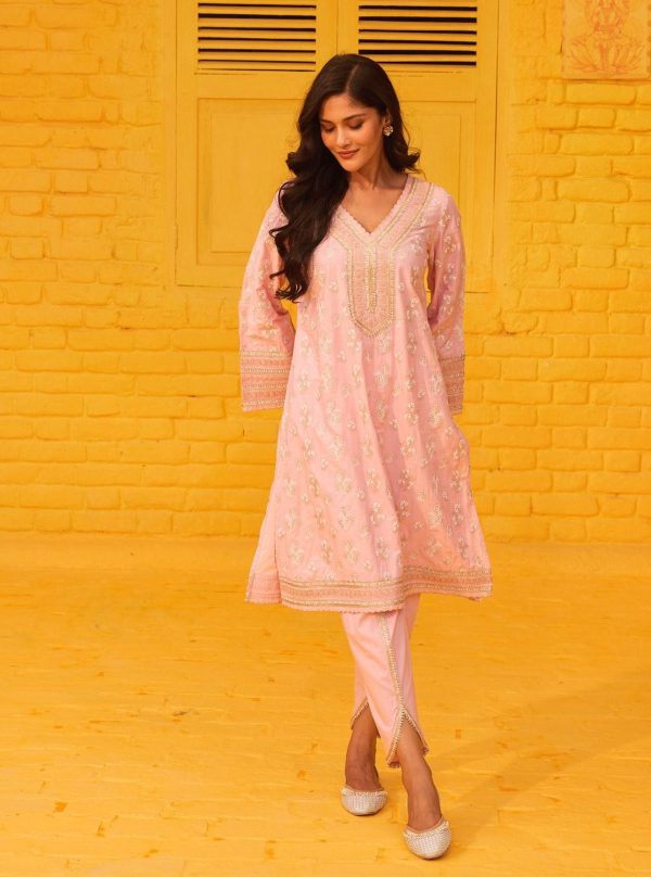 Mulmul Cotton Abria Pink Kurta With Mulmul Cotton Abria Pink Dhoti Pant Online Hot Sale