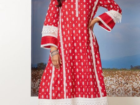 Mulmul Cotton Lake Shore Red Kurta For Cheap