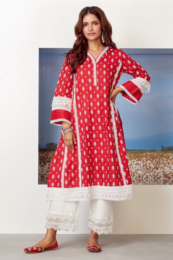 Mulmul Cotton Lake Shore Red Kurta For Cheap