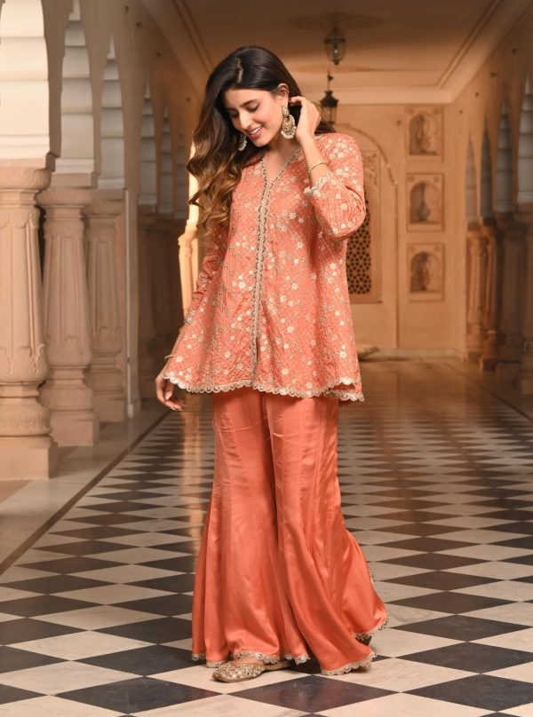 Mulmul Organza Satin Afreen Burnt Orange Top with Mulmul Modal Satin Afreen Burnt Orange Sharara Online Hot Sale