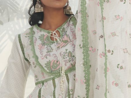 Mulmul Cotton Amaryllis Anarkali Green Kurta With Mulmul Cotton Amaryllis Green Pant Online