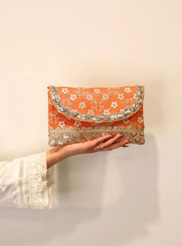 Mulmul Charkha Burnt Orange Envelope Pouch Bag Cheap