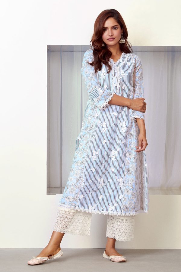 Mulmul Cotton Carnaby Light Blue Kurta Sale