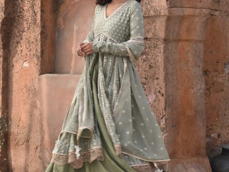 Mulmul Organza Satin Jhoom Sage Green Anarkali Kurta with Mulmul Luxe Tissue Satin Jhoom Sage Green Lehenga Fashion