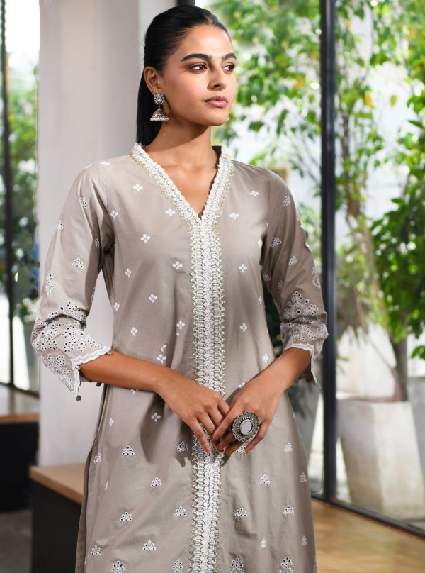 Mulmul Cotton Ophelia Grey kurta With Ophelia Grey Palazzo Supply