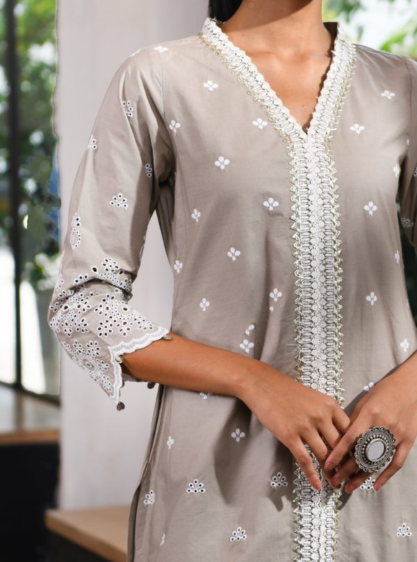 Mulmul Cotton Ophelia Grey kurta With Ophelia Grey Palazzo Supply