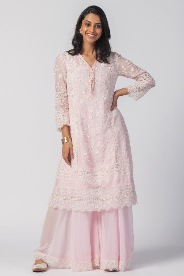 Mulmul Tencel Luxe Organza Fiona Kurta Pink With Viscose Fiona Sharara on Sale