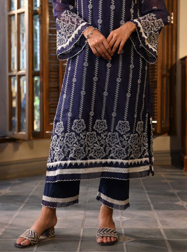 Mulmul Organza Parisa Navy Kurta With Mulmul Cotton Parisa Navy Pant on Sale