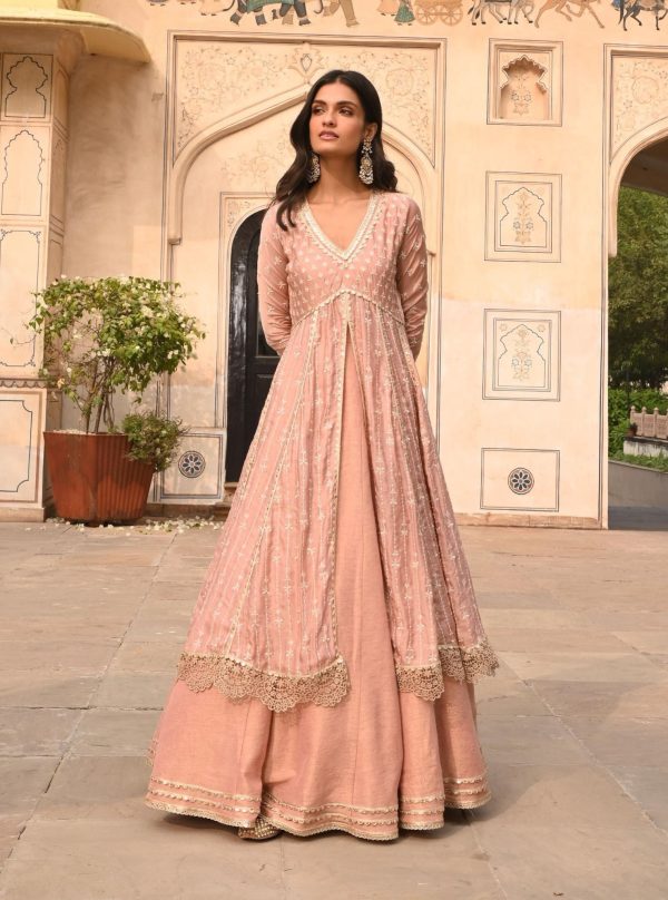 Mulmul Organza Satin Jhoom Light Pink Anarkali Kurta with Mulmul Luxe Tissue Satin Jhoom Light Pink Lehenga Supply