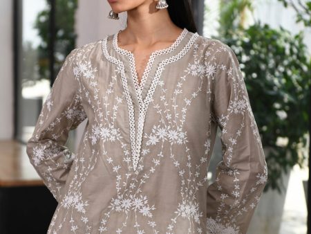 Mulmul Cotton Cindy Grey Kurta With Mulmul Cotton Floral Ladder Slim White Pant Sale