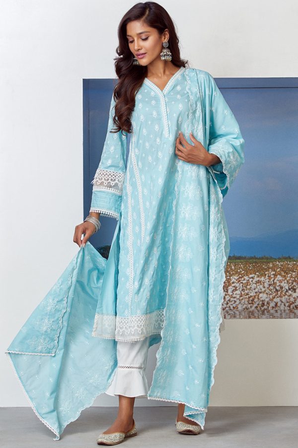 Mulmul Cotton Lake Shore Turq Kurta Sale