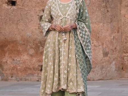 Mulmul Banarsi Bhumbro Green Anarkali Kurta with Mulmul Pima Satin Bhumbro Green Pant For Cheap