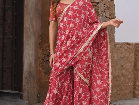 Mulmul Crepe Raahi Red Pre-Stitched Saree For Sale