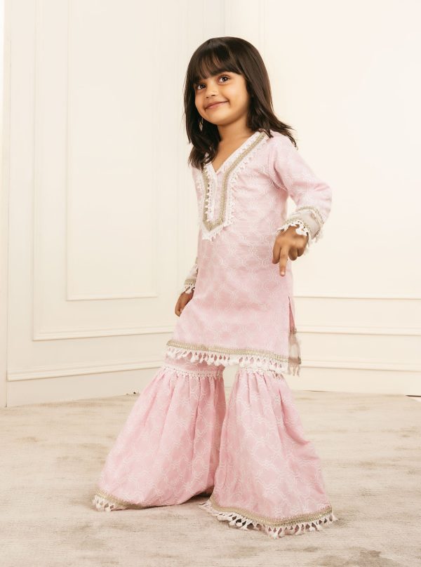 Mulmul Cotton Elara Pink Kurta With Elara Pink Garara Supply