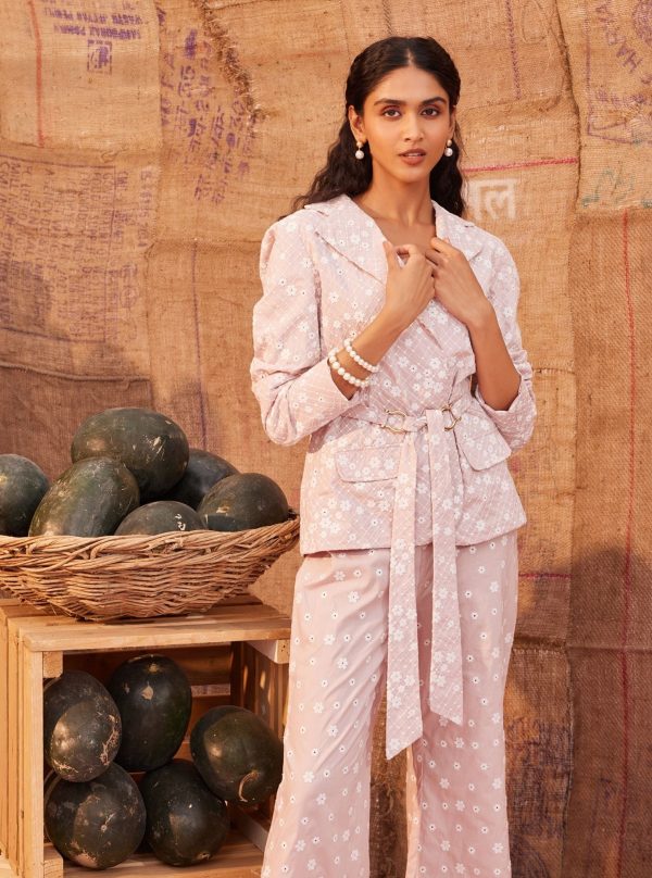 Mulmul Cotton Lara Dusty Pink Jacket With Waist Coat With Mulmul Cotton Lara Dusty Pink Pant For Sale