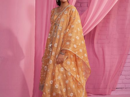 Mulmul Organza Sharvi Orange Anarkali Kurta With Mulmul Cotton Sharvi Orange Pant Hot on Sale