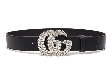 Glass crystal embellished GG buckle leather belt Online now