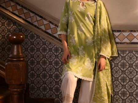 Mulmul Cotton Ayda Light Green Kurta With Mulmul Cotton Floral Lace Flared White Pant Online