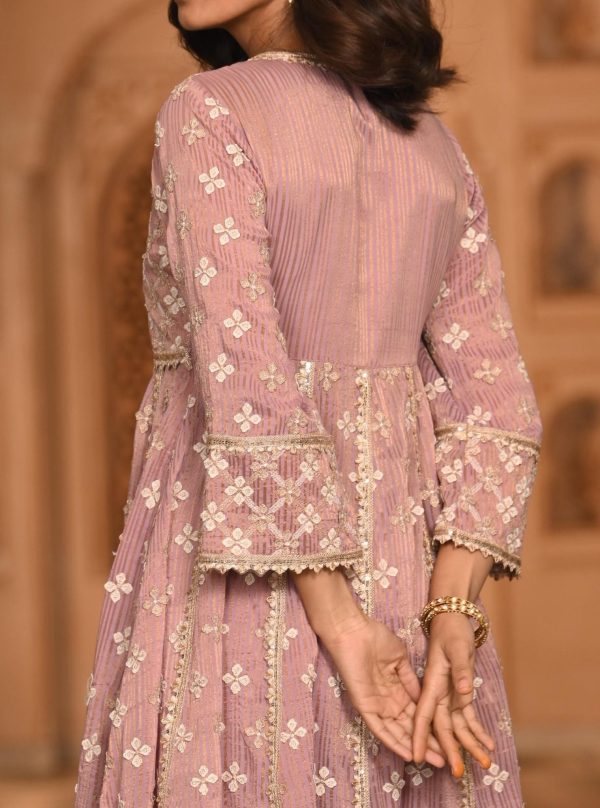 Mulmul Banarsi Bhumbro Lilac Anarkali Kurta with Mulmul Pima Satin Bhumbro Lilac Pant Cheap