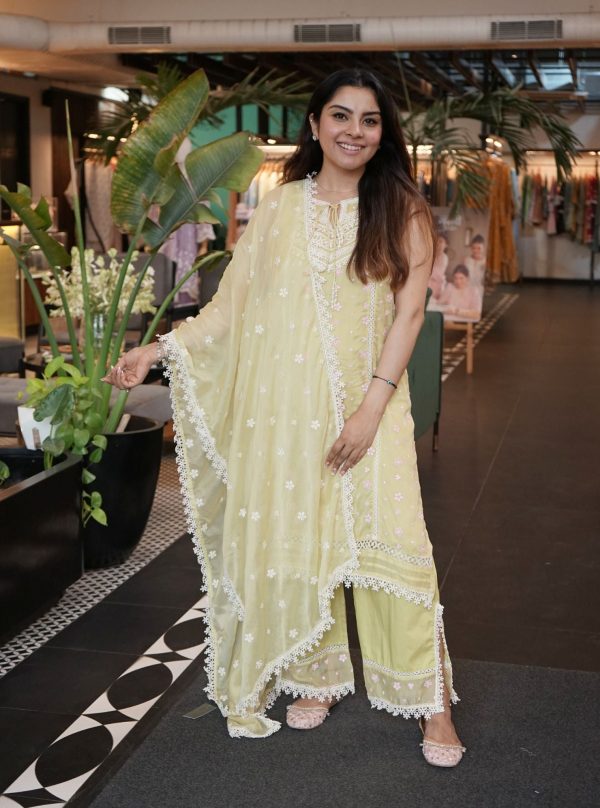 Mulmul Organza Simin Lime Kurta With Mulmul Cotton Simin Lime pant Discount