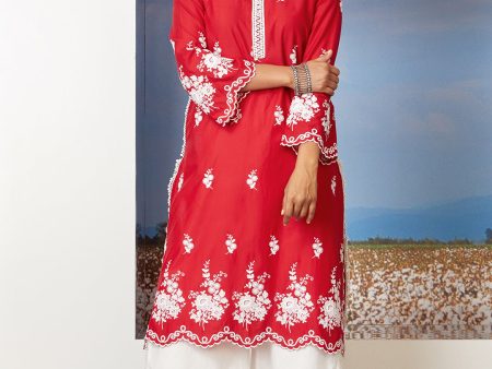 Mulmul Cotton Love Song Red Kurta Online Sale