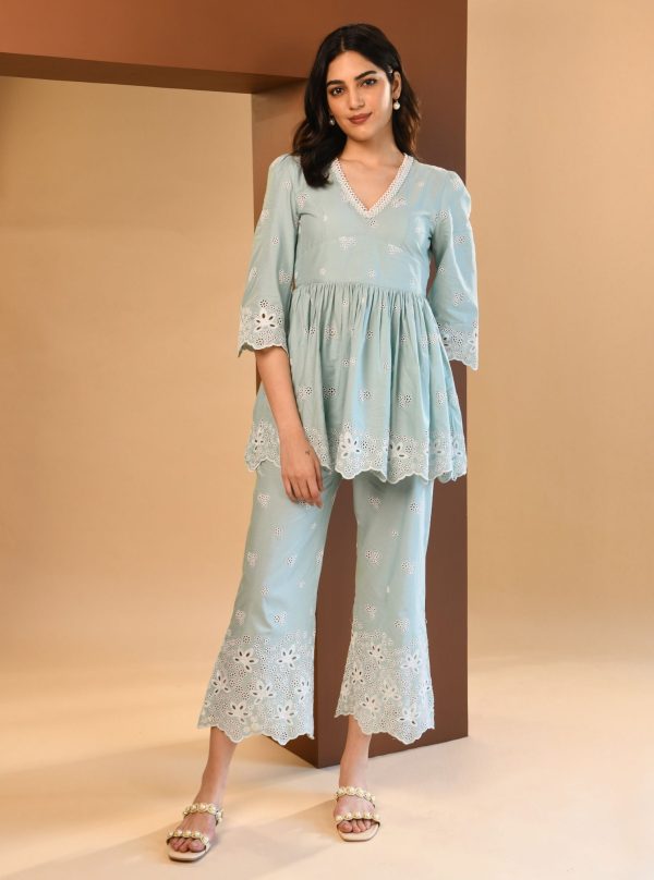 Mulmul Cotton Ayn Teal Blue Top With Mulmul Cotton Ayn Teal Blue Pant Hot on Sale