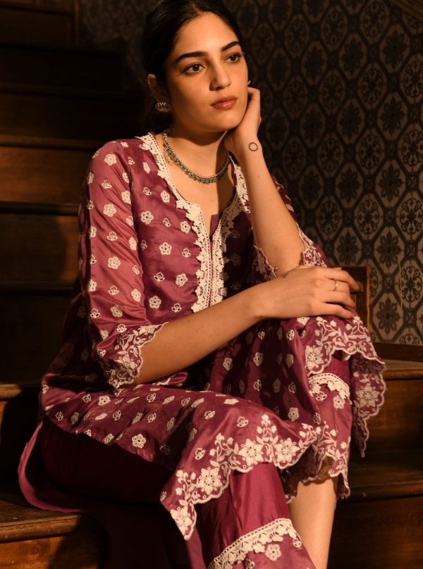 Mulmul Chanderi Miri Lilac Kurta With Mulmul Chanderi Miri Lilac Pant Discount