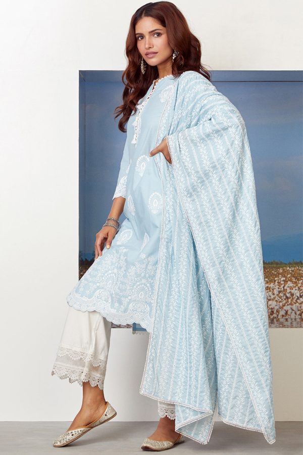 Mulmul Cotton Dreamscape Light Blue Kurta Online Hot Sale