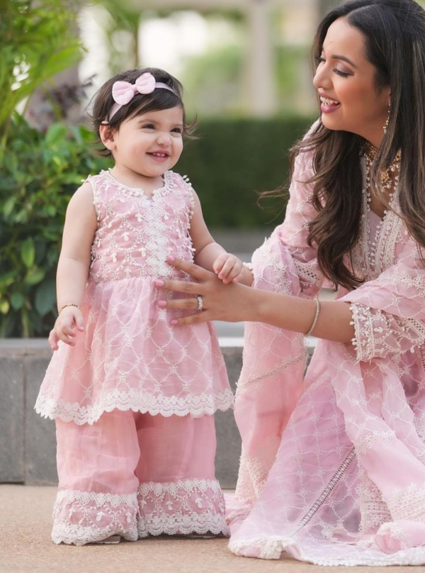 Mulmul Organza Anya Pink Anarkali Kurta With Anya Pink Sharara Online Sale