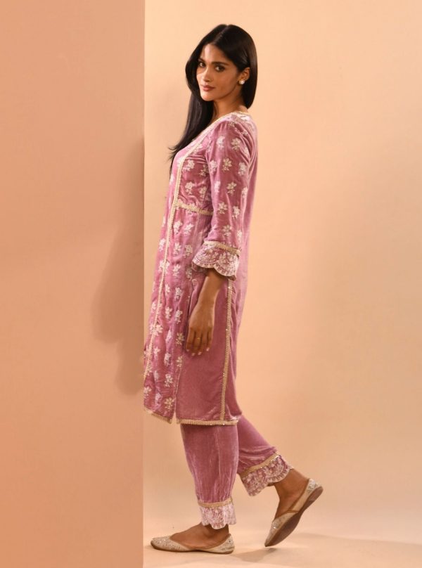 Mulmul Velvet Naia Lilac Kurta With Mulmul Naia Lilac Pant Cheap