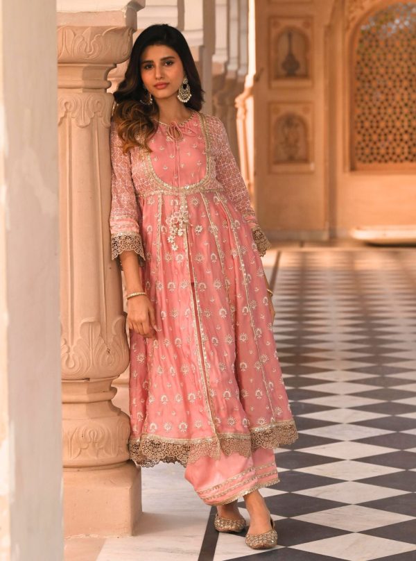 Mulmul Organza Satin Navrai Light Pink Anarkali Kurta with Mulmul Luxe Satin Navrai Light Pink Pant For Cheap