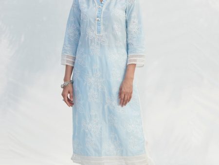 Mulmul Cotton Verlem Blue kurta on Sale