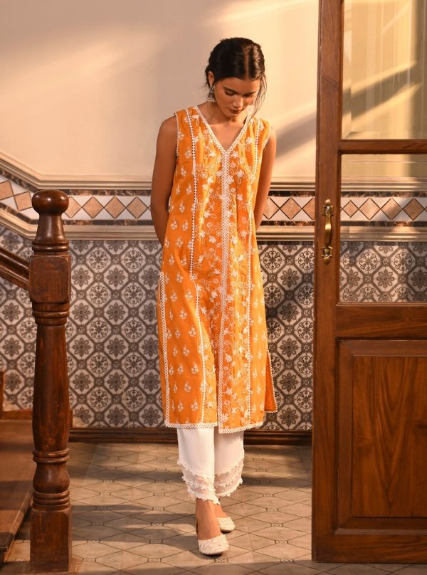 Mulmul Cotton Ensi Orange Kurta Cheap