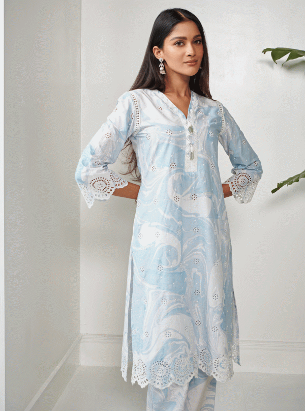 Mulmul Cotton Carrara Blue Kurta Sale