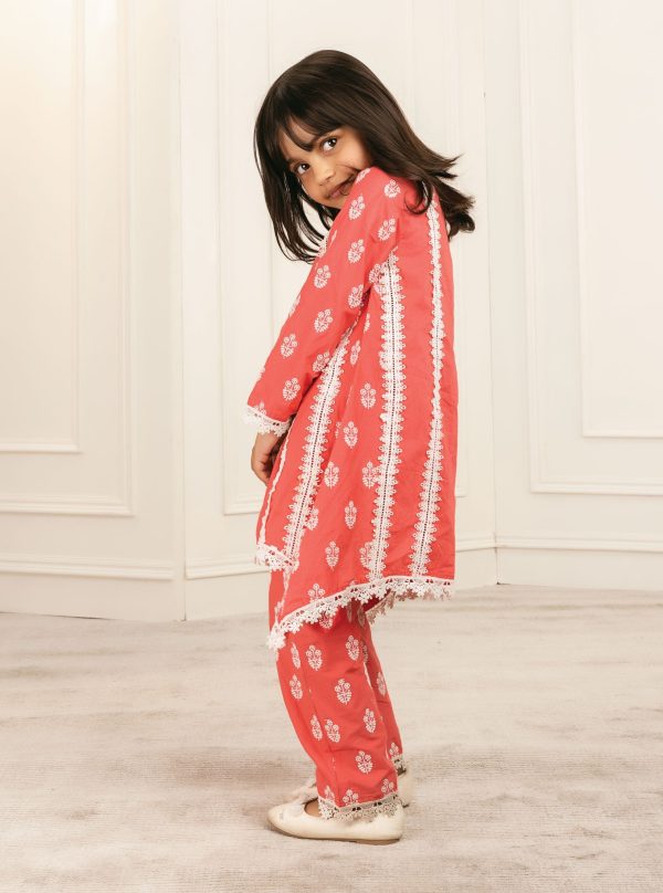 Mulmul Cotton Amaris Red Kurta With Amaris Red Pant on Sale