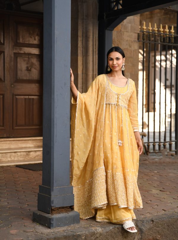 Mulmul Organza Sheri Yellow Anarkali Kurta With Mulmul Organza Sheri Yellow Sharara Online