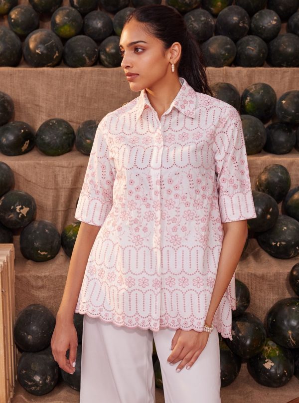 Mulmul Cotton Erica White Pink Shirt Online Hot Sale