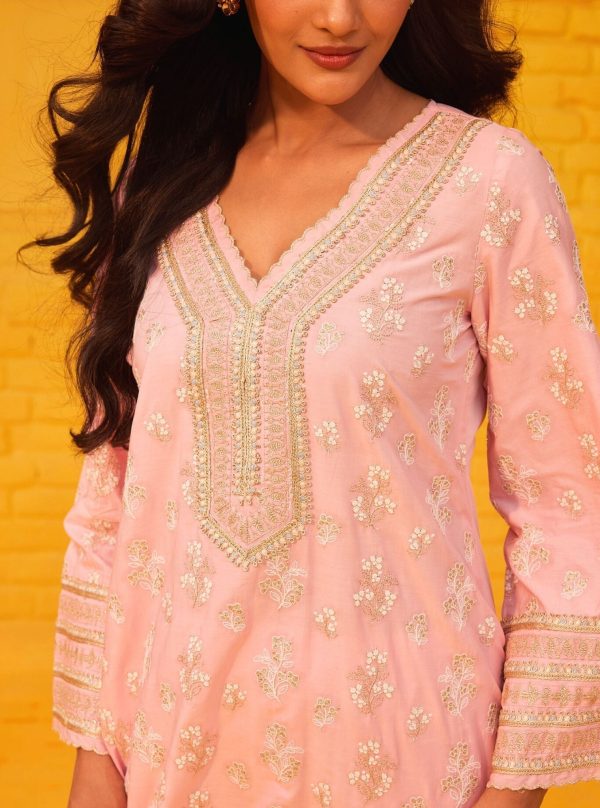 Mulmul Cotton Abria Pink Kurta With Mulmul Cotton Abria Pink Dhoti Pant Online Hot Sale