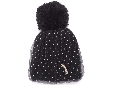 Detachable pin dot tulle overlay pompom knit beanie - Venna - Black Supply