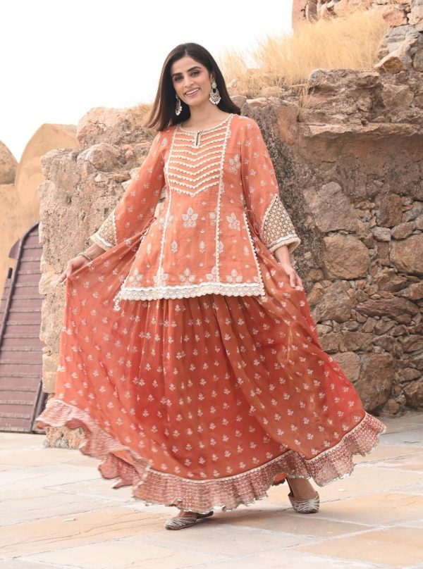 Mulmul Luxe Tissue Satin Lamhe Burnt Orange Kurta with Mulmul Luxe Tissue Lamhe Burnt Orange Skirt For Discount