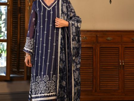 Mulmul Organza Parisa Navy Kurta With Mulmul Cotton Parisa Navy Pant on Sale