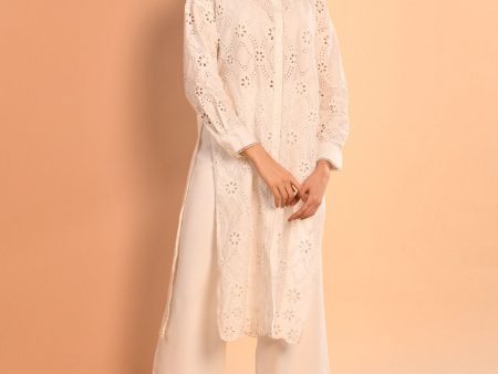 Mulmul Cotton Trix White Long Shirt with Mulmul Cotton Trix White Pant Hot on Sale