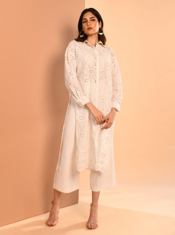 Mulmul Cotton Trix White Long Shirt with Mulmul Cotton Trix White Pant Hot on Sale