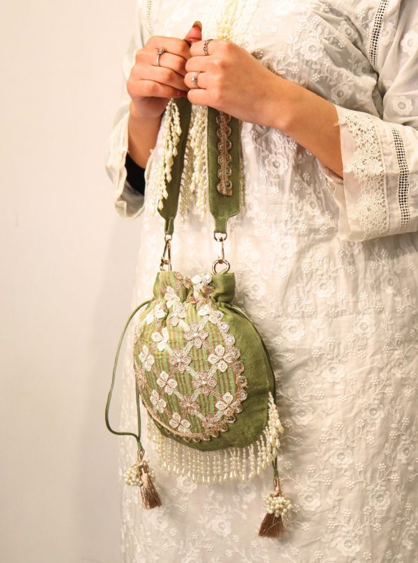 Mulmul Resham Sage Green Potli Bag Supply