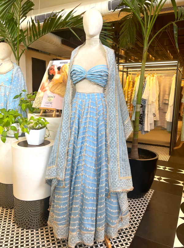 Mulmul Organza Gulmohar Blue Lehenga Online