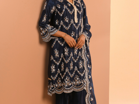 Mulmul Cupro Valaya Navy Kurta With Mulmul Cupro Valaya Navy Pant Online