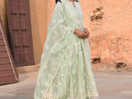 Mulmul Organza Zola Green Anarkali Kurta With Mulmul Cotton Zola Green Pant For Cheap