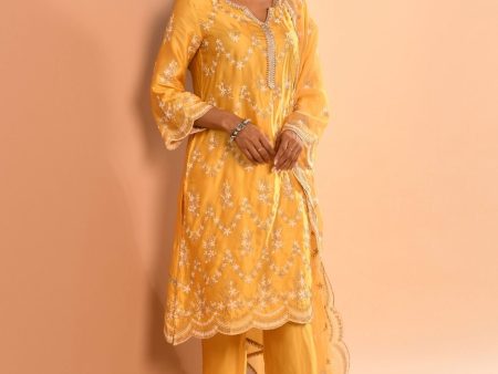 Mulmul Cupro Valaya Yellow Kurta With Mulmul Cupro Valaya Yellow Pant Sale